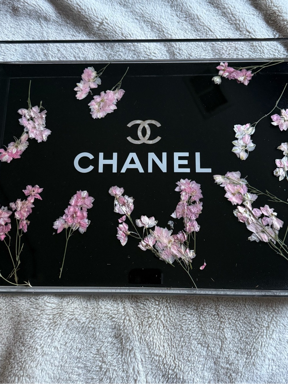 CHANEL Black Vanity Tray with Pink Floral Accents and Gold Handles-repurposed